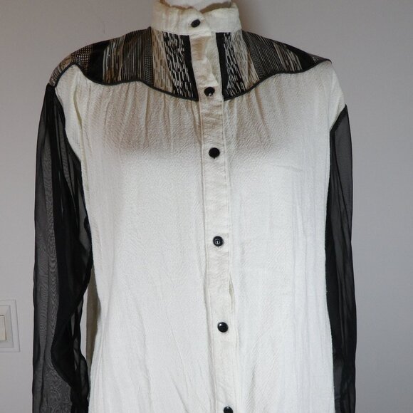 Vintage Women's Shirt Sas'sa Black and White with Sheer Black Sleeves L-XL - Picture 3 of 5